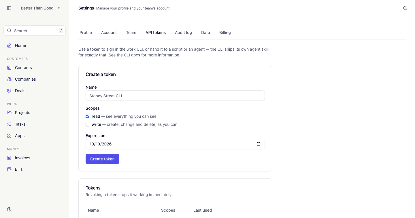 Settings, API tokens